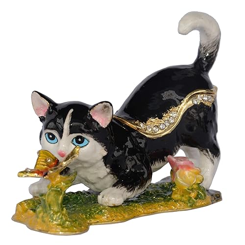 MIXDOM Black cat Trinket Box Jewelry Box Hand Painted Decorative Box with Hinged Lid Ring Earring Holder Cat Figurine Collectible