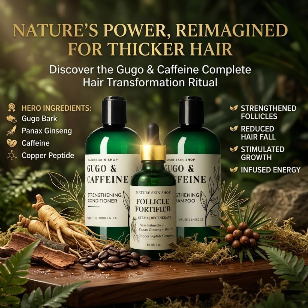Nature Skin Shop Gugo and Copper Peptide Hair Mastery System 3 Piece Set with Strengthening Shampoo, Conditioner and 2 oz Scalp Serum