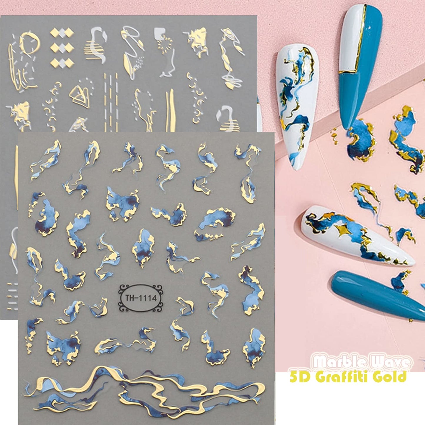 12 Sheets Graffiti Nail Art Stickers 3D White Black Gold Stripe Line Nail Decals Self-Adhesive Abstract Marble Wave Flower Leaf Stickers for Nail DIY