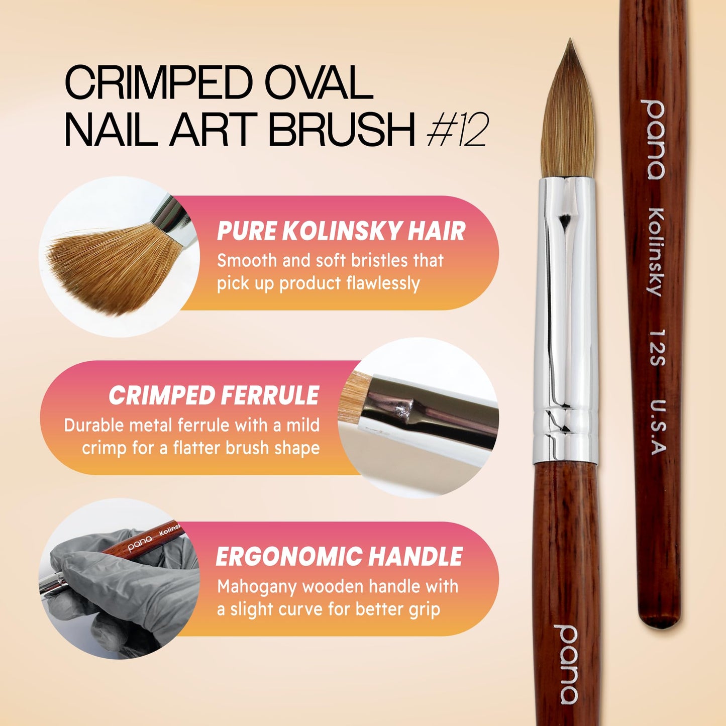 PANA Pure Kolinsky Hair Acrylic Nail Brush - Oval Crimped Mahogany Wood Handle (Size 12) Beauty & Personal Care PANA