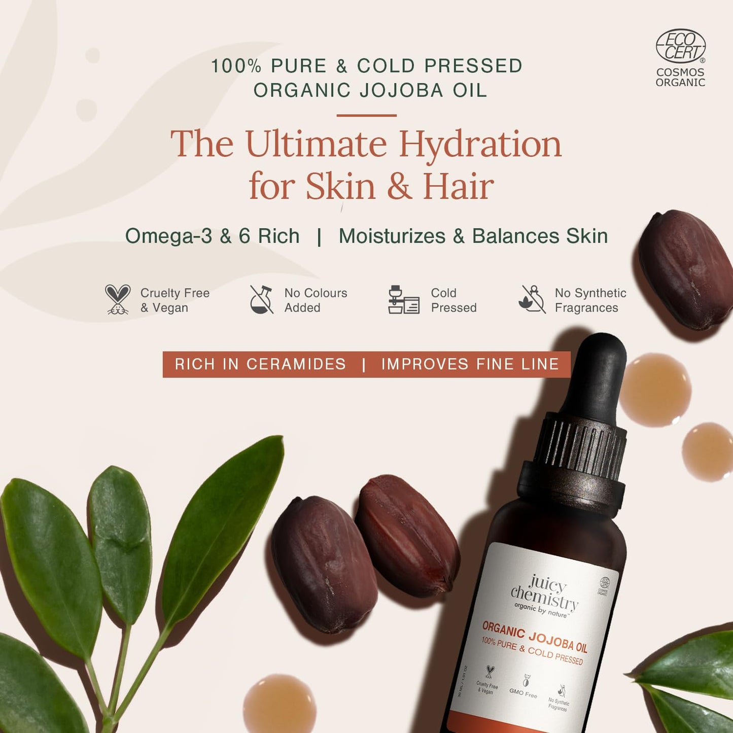 Juicy Chemistry Organic Jojoba Oil, 30 Ml Pure, Cold Pressed & Virgin Carrier Oil For Skin, Hair & Cuticles Naturally Rich In Vitamin E & Ceramides