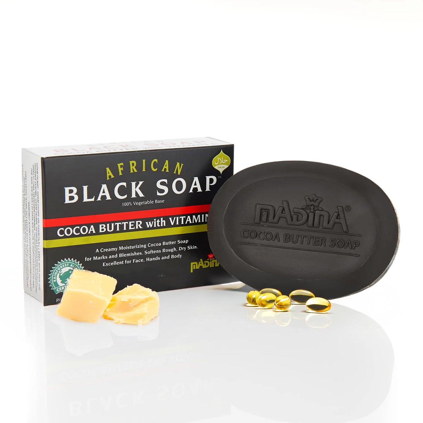 Madina African Black Soap Bar - Cocoa Butter, Vitamin E, Moisturizing, Skin-Restoring, Marks & Blemishes, Face & Body Cleanser, 100% Vegetable-Based