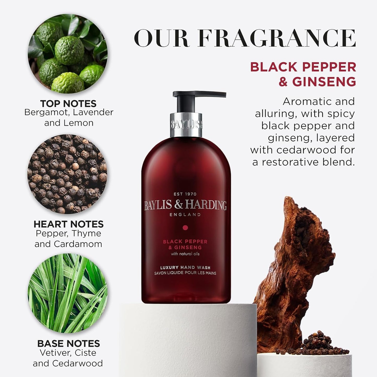 Baylis & Harding Liquid Hand Soap Wash with Dispenser, Black Pepper & Ginseng for Men, 16.9oz/500ml