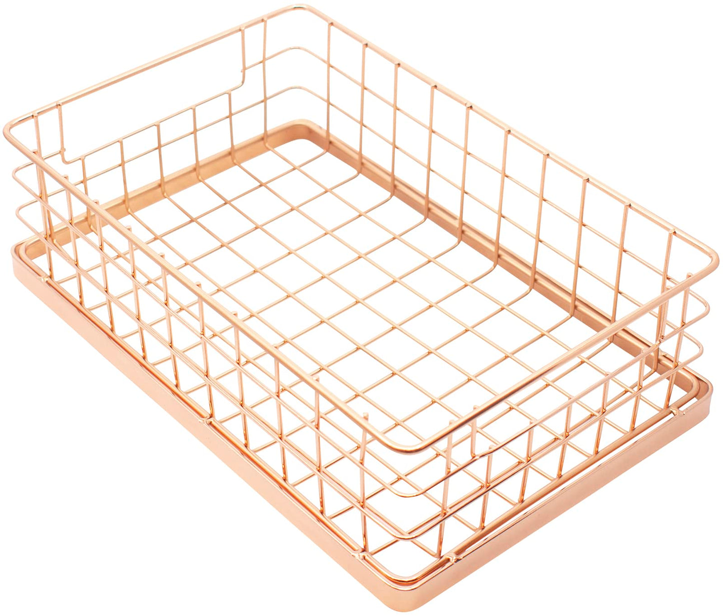 Set of 2 Stackable 10" Metal Wire Storage Basket Bins With Handles (Rose Gold Wide Mesh Base)