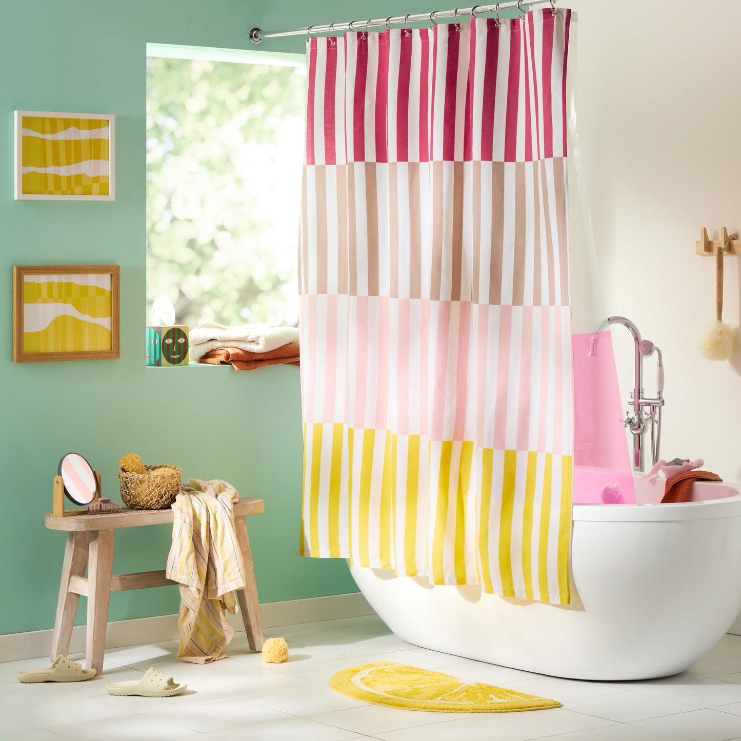 TOWN & COUNTRY PLAY Adeline Offset Stripe Cotton-Rich Breathable Fabric Shower Curtain with Anti-Rust Grommets, Pink/Beige/Yellow, 70"x72"