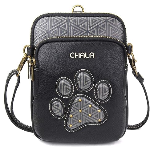 CHALA UNI Cellphone Xbody - Womens RFID Protected Faux Leather Crossbody Bag with Adjustable Strap - Paw Print - black