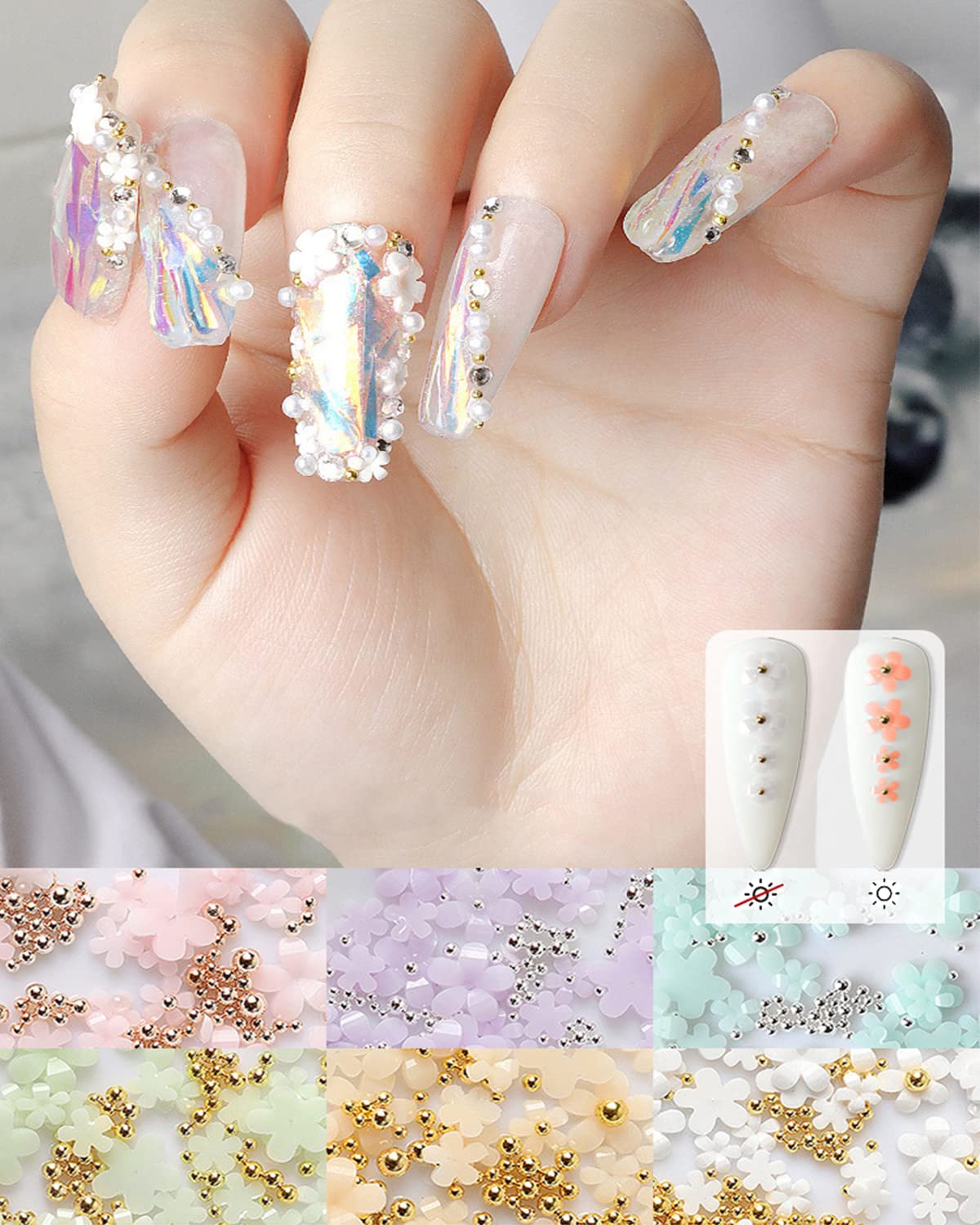 3D Flower Nail Art Charms, 6 Grids 3D Acrylic Nail Flowers Rhinestone Light Change Pink White Blue Cherry Blossom Acrylic Spring Nail Art Supplies