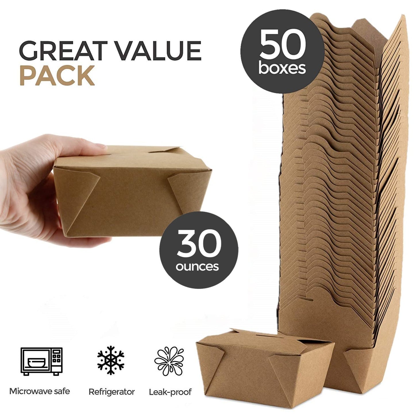 Stock Your Home Take Out Food Containers Microwaveable Kraft Brown Take Out Boxes 30 oz (50 Pack) Leak and Grease Resistant for Restaurant, Catering…