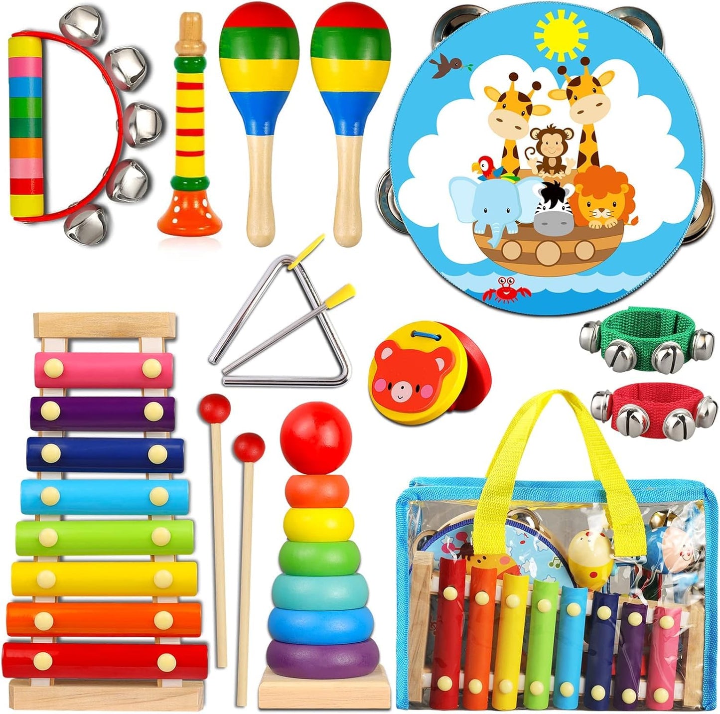 LOOIKOOS Toddler Musical Instruments – Wooden Percussion Set with Carrying Bag, Educational Music Toys for Preschool Kids, Boys & Girls