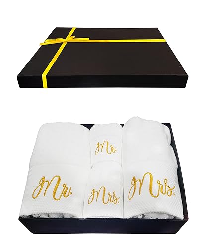 RUBBER BOND Mr and Mrs Towels Set with Gift Box - 4 Pack Bath & Hand Towels for Couples - Cotton Towels Set - Wedding, Honeymoon Gifts - White…