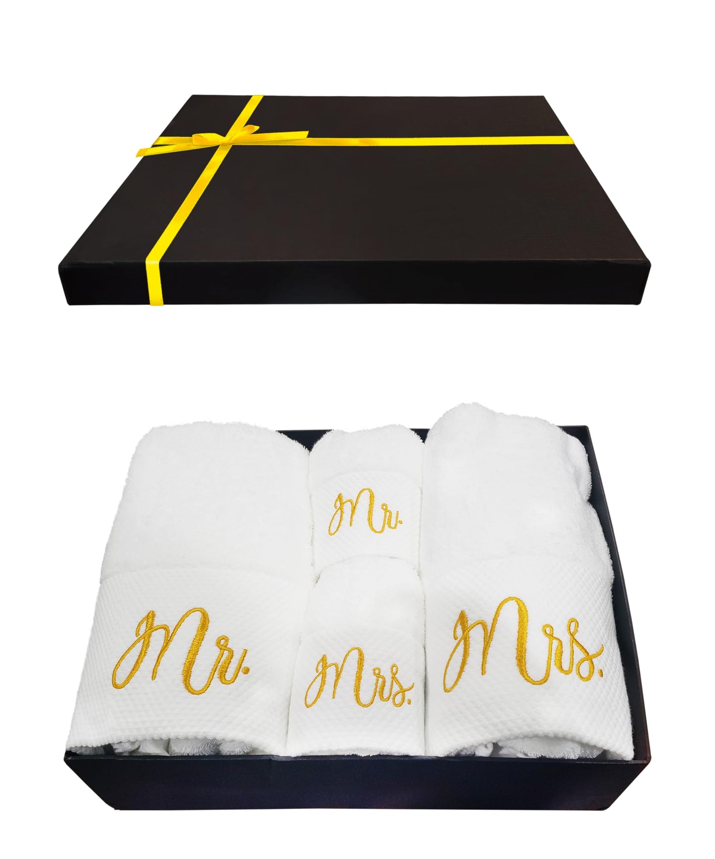 RUBBER BOND Mr and Mrs Towels Set with Gift Box - 4 Pack Bath & Hand Towels for Couples - Cotton Towels Set - Wedding, Honeymoon Gifts - White…