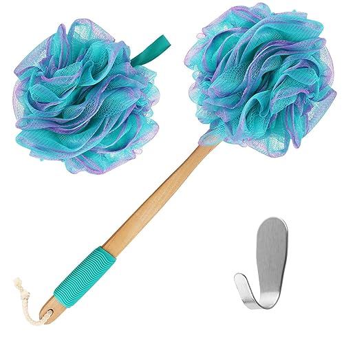Yoove Bath Pouf with Handle - Body Scrubber Green Loofah for Women - Charcoal Infused Shower Loofah Sponge with Handle - Back Scrubber - Back Shower