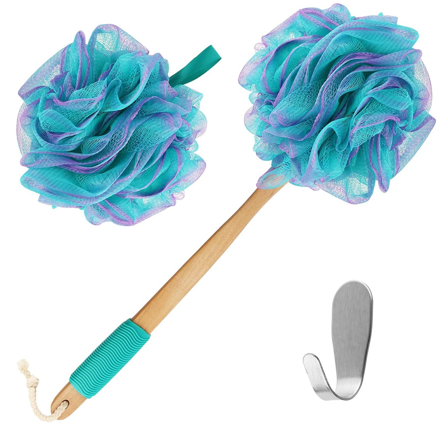 Yoove Bath Pouf with Handle - Body Scrubber Green Loofah for Women - Charcoal Infused Shower Loofah Sponge with Handle - Back Scrubber - Back Shower