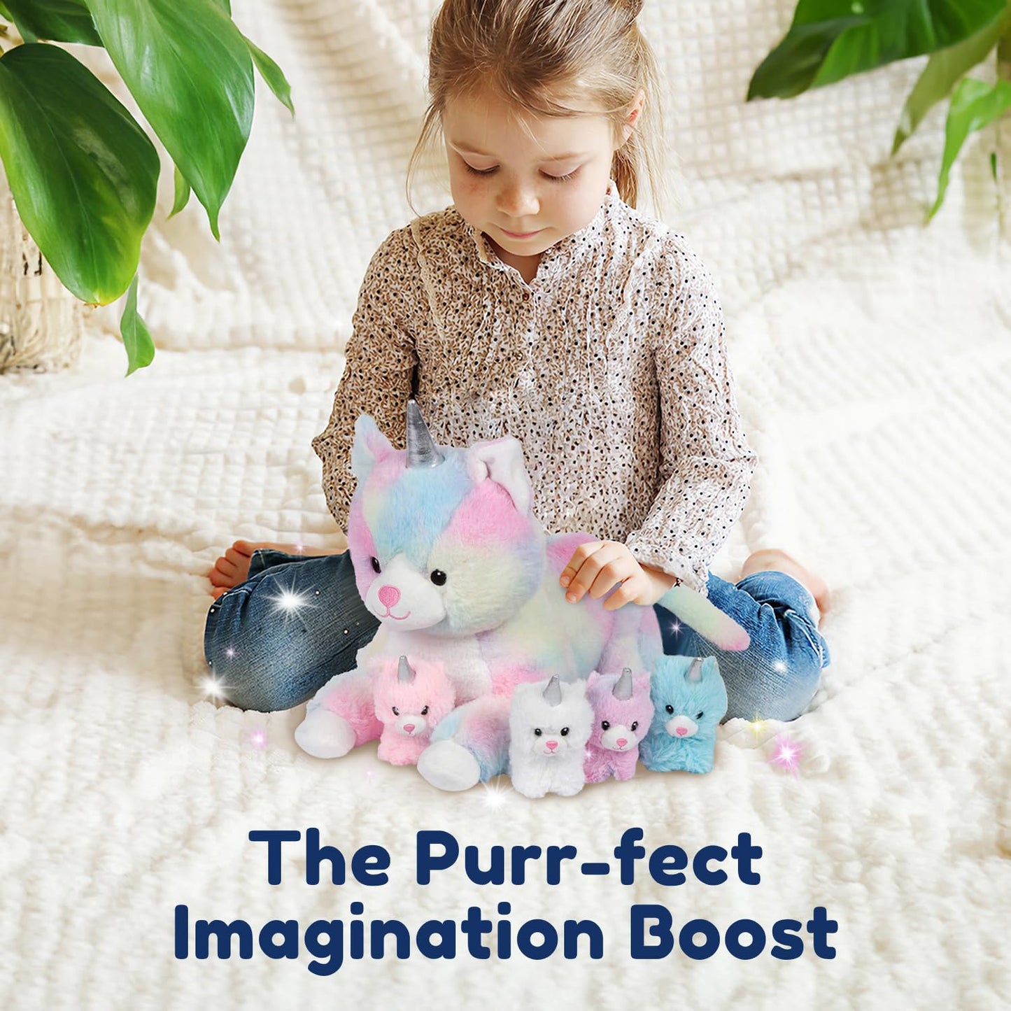 PixieCrush Unicorn Cat Plushie - Mommy Cat Unicorn with 4 Baby Kittens - Magical Pillow Plushies for Girls Ages 3-8 - Big Stuffed Animals - Ideal…