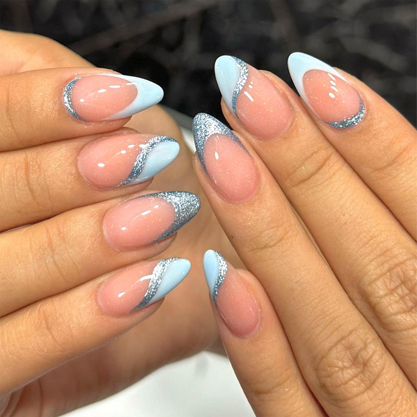Blue French Tip Press on Nails Short Fake Nails Almond Glitter Glue on Nails Light Pink Full Cover Acrylic Nails Press ons Glossy Artificial False Beauty and Personal Care MAOTTIE Default Title