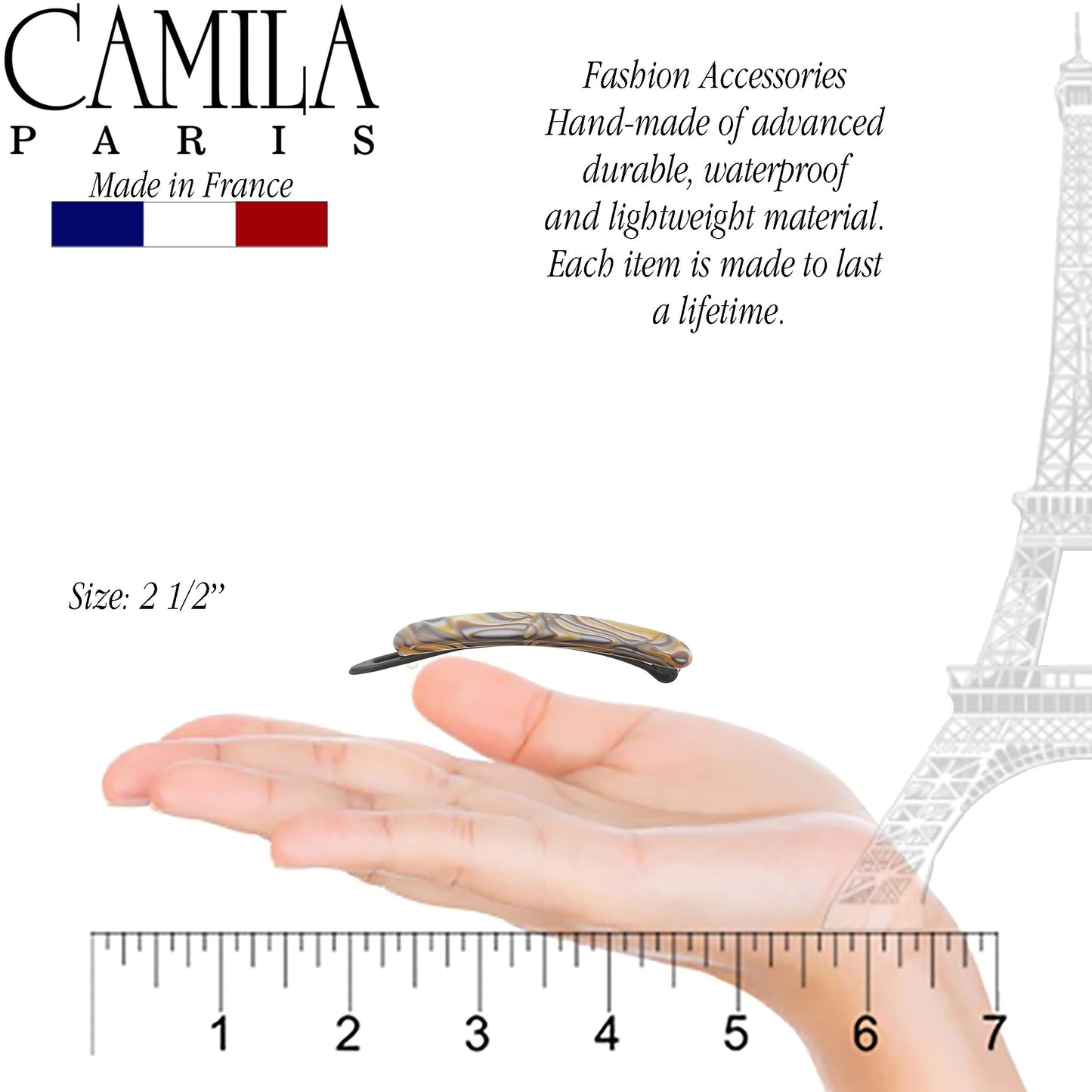 Camila Paris CP2818 French Hair Barrette Clip for Girls, Handmade, Onyx, Metal-Free Closure Strong Hold Grip Hair Clips for Women, No Slip and Durable