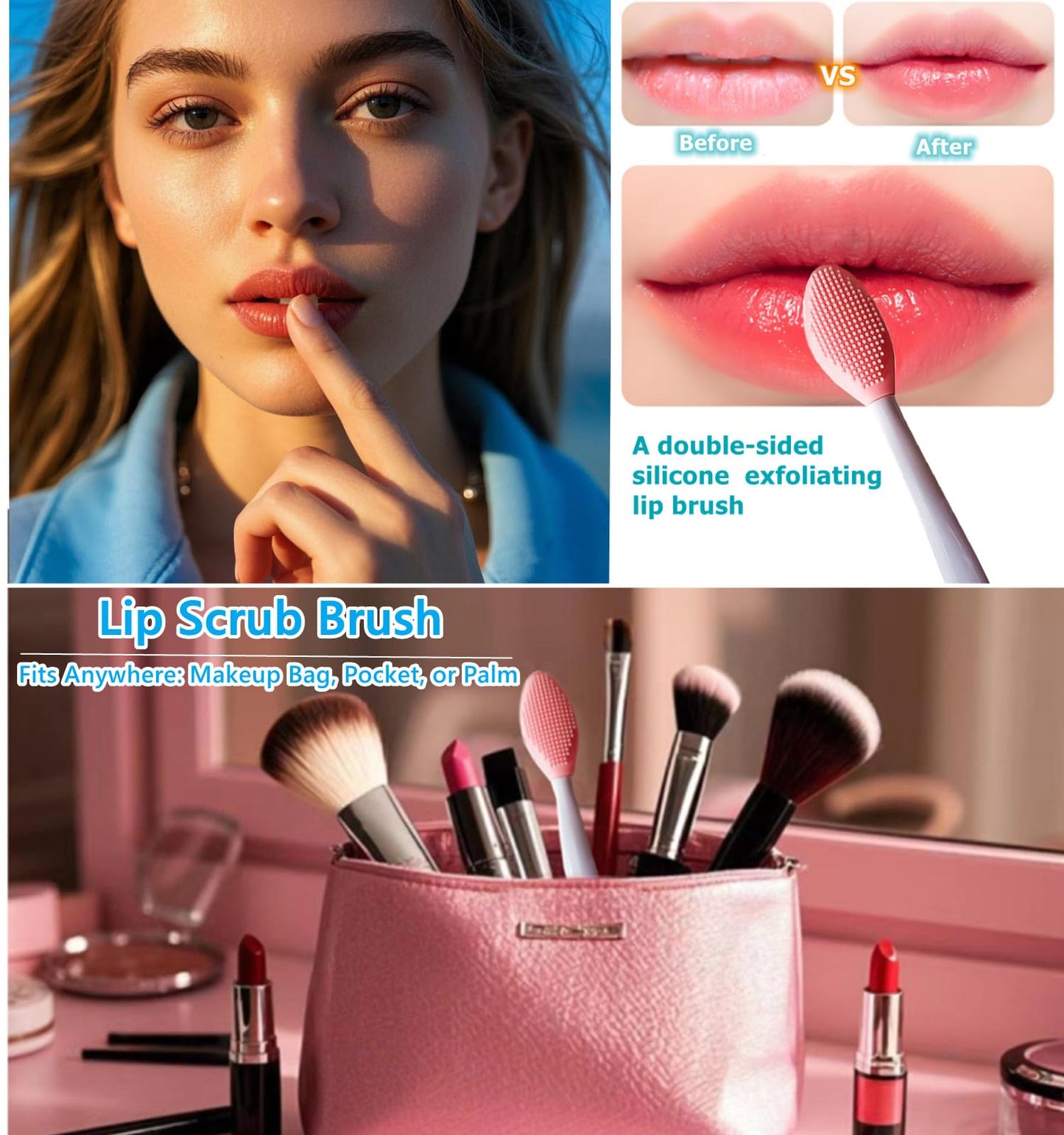 4 Pcs Lip Scrub Brush,Lip Scrubber Exfoliator, Double-Sided Silicone Lip Brush Tool for Men Women Lip Lightening,Lip Exfoliator Scrubber Tool for Dark