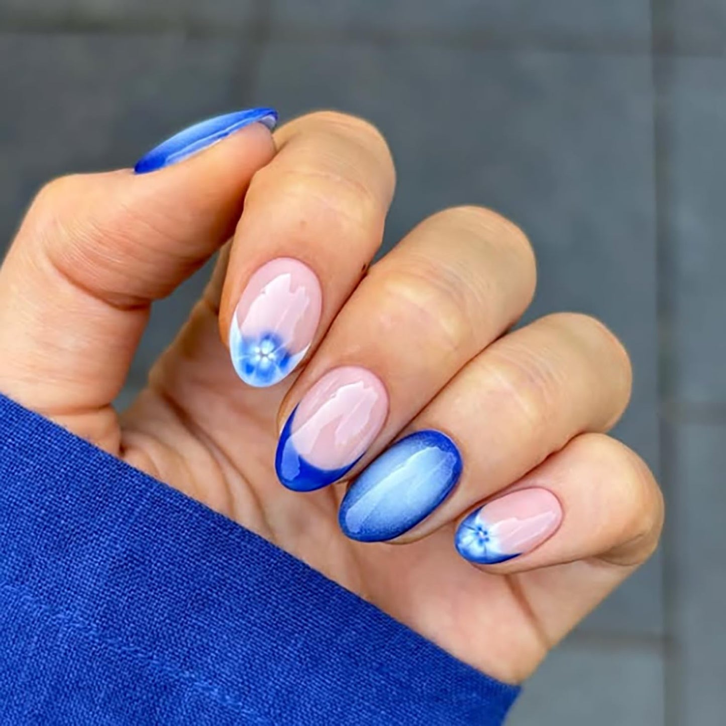 French Press On Nails Short Almond Fake Nails With Blue Flower Design Glue On Nails Pink Glossy False Nails Full Cover Reusable Acrylic Nails Beauty and Personal Care Posyofet
