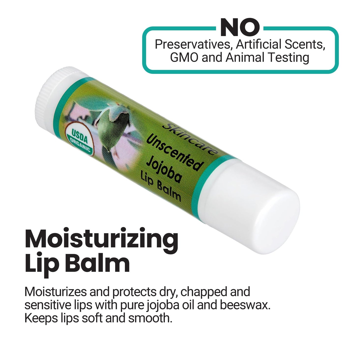 Desert Oasis Skincare | USDA Organic Unscented Lip Balm - 70% Jojoba Oil with Beeswax - Fragrance-Free, Gentle Formula for Sensitive Lips - 2-Pack