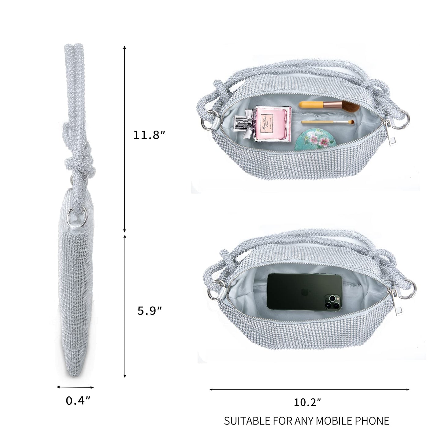 QLBO Silver Purse Rhinestone Purse Silver Clutch Sparkly Bag 10.2"×0.4"×6.69"