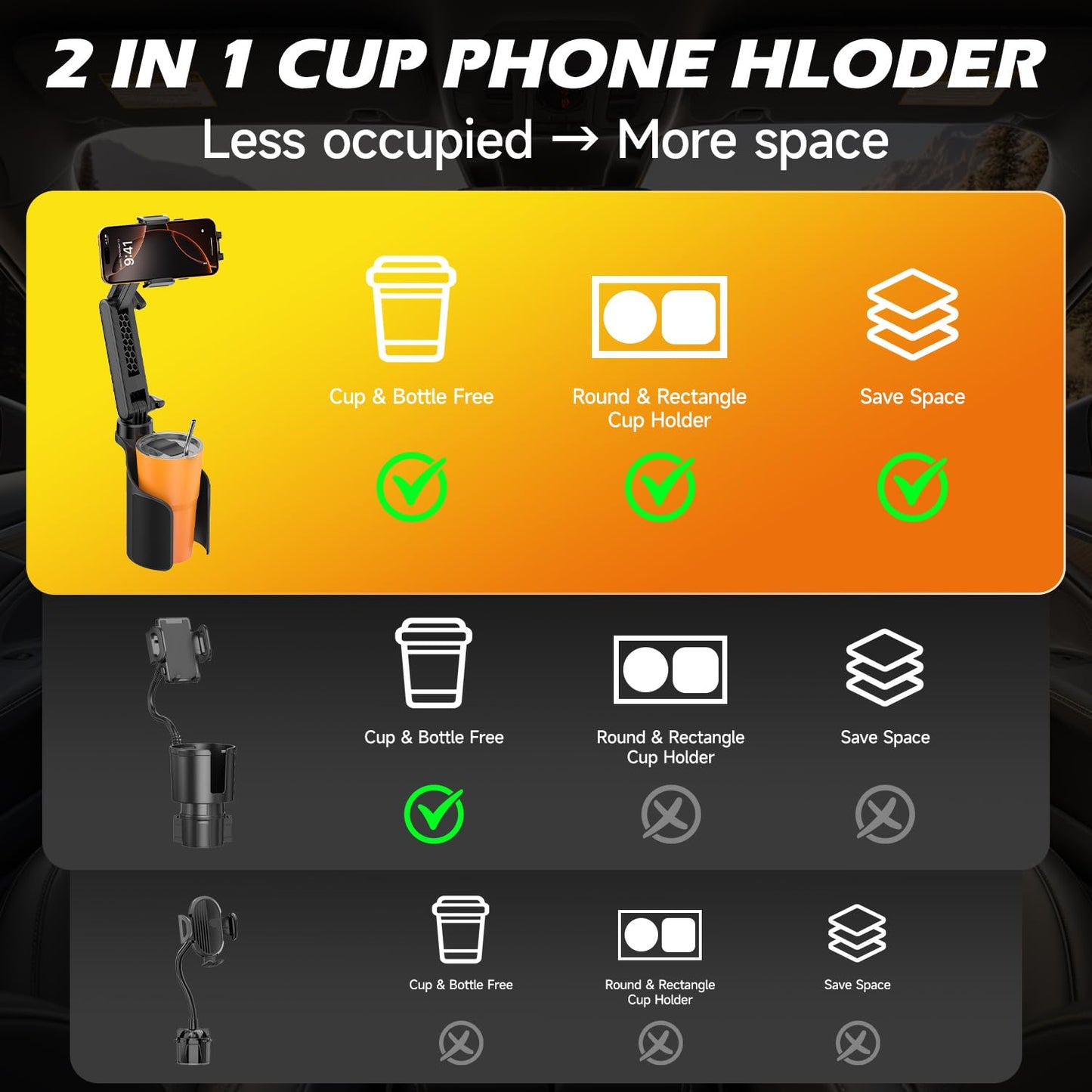 AUNC Phone Holders for Your Car,2 in 1 Car Phone Holder with Two Adjustable Bases,Long Arm with 360°Rotation Cup Phone Holder for Car Compatible…