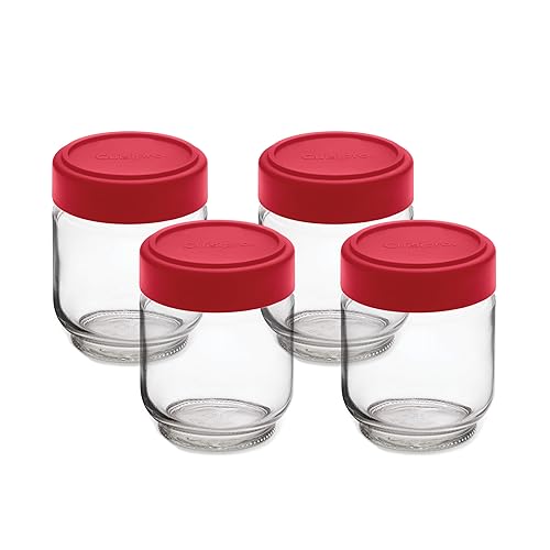 Cuisipro Jars with Lids, 6 Oz Glass Jars with Airtight Lid Wide Mouth, 4 Pack, Canning Jars for Liquid, Glass Container for Yogurt, Spice, Red