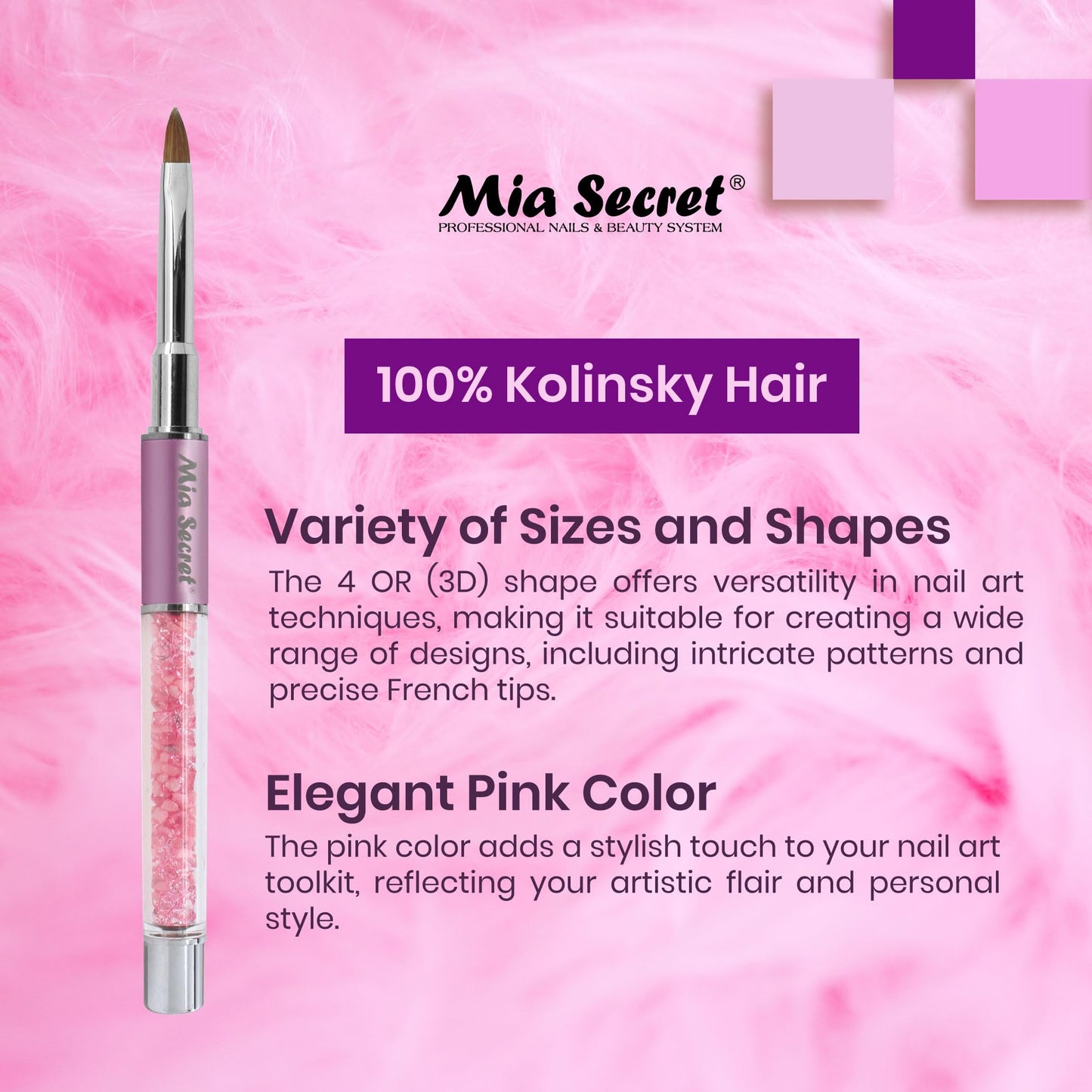 Mia Secret PREMIER NAIL BRUSHES 100% Kolinsky Hair MADE IN USA Prenium Nail Art Brushes (Pink, 4 OR (3D)) Beauty & Personal Care Mia Secret