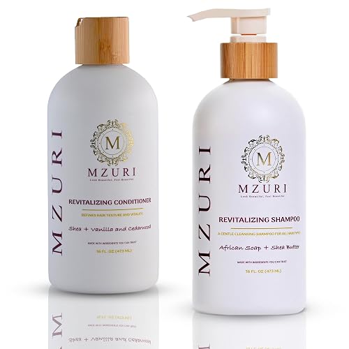 MZURI Shampoo & Conditioner Set - African Black Soap & Shea Shampoo + Vanilla Cedarwood Conditioner | Sulfate-Free Hydrating Cleanse, Detangling Frizz