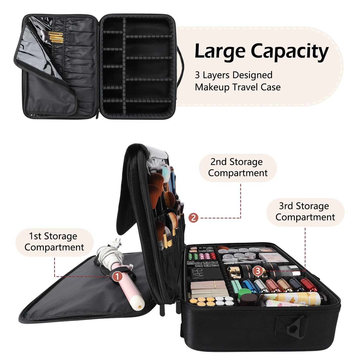 GCZC Large 16.5" Travel Makeup Train Case – Professional Cosmetic Organizer with Adjustable Dividers, Brush Storage & Shoulder Strap (Black)