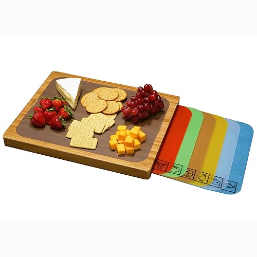 Seville Classics Bamboo Premium Wood Cutting Board Serving Tray w/ 7 Color-Coded BPA-Free Mats, for Chopping Bread, Cheese, Fruits, Vegetables…