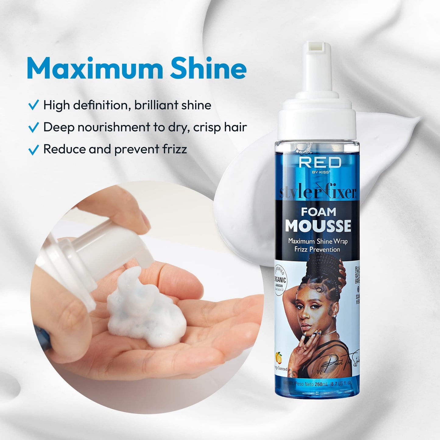 Red by Kiss Foaming Mousse, Maximum Shine Wrap Mousse, Reduce & Prevent Frizz, Define Curls, Hold Styles, Nourishes Dry and Crips Hair, Enriched