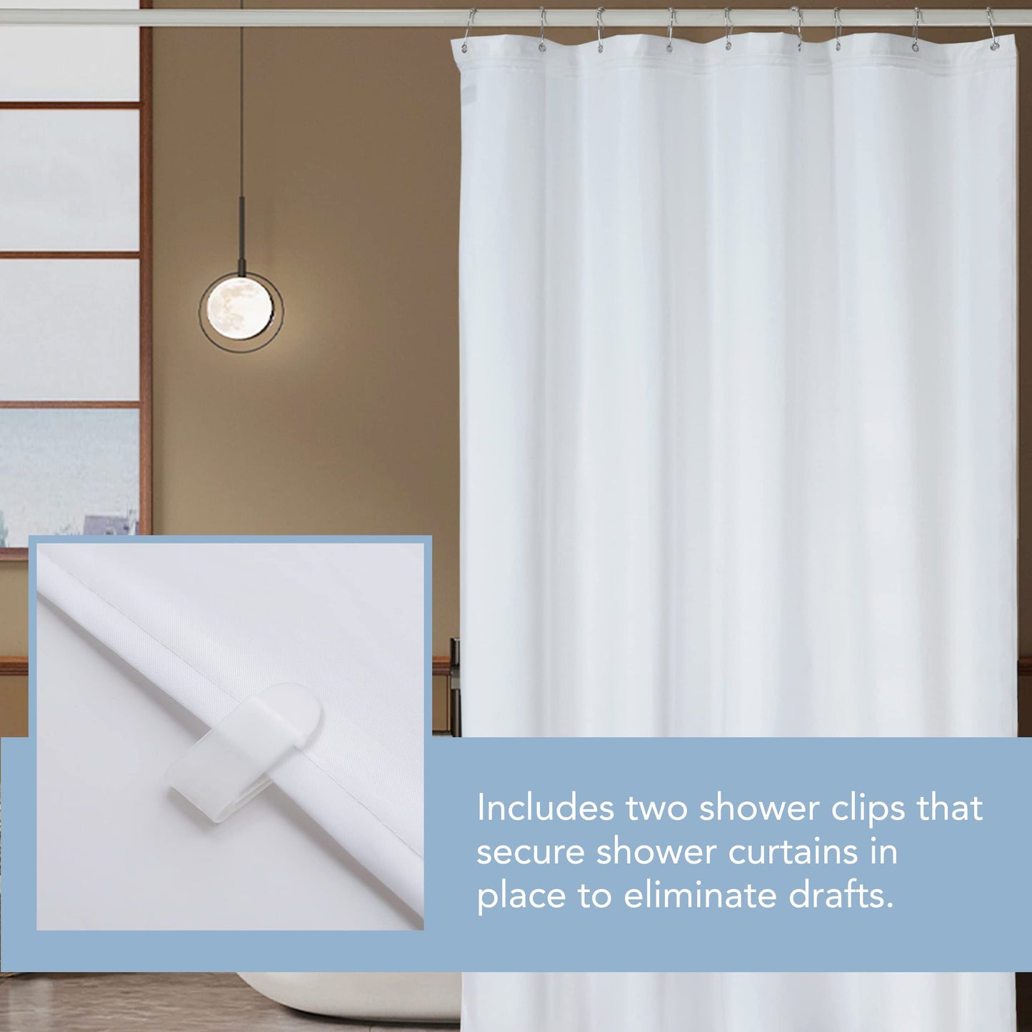 FRESH IDEAS Shower Curtain Liner with Shower Clips, Easy On/Off Liner with Zipper, Waterproof, White, Standard Size, 54 inches x 78 inches