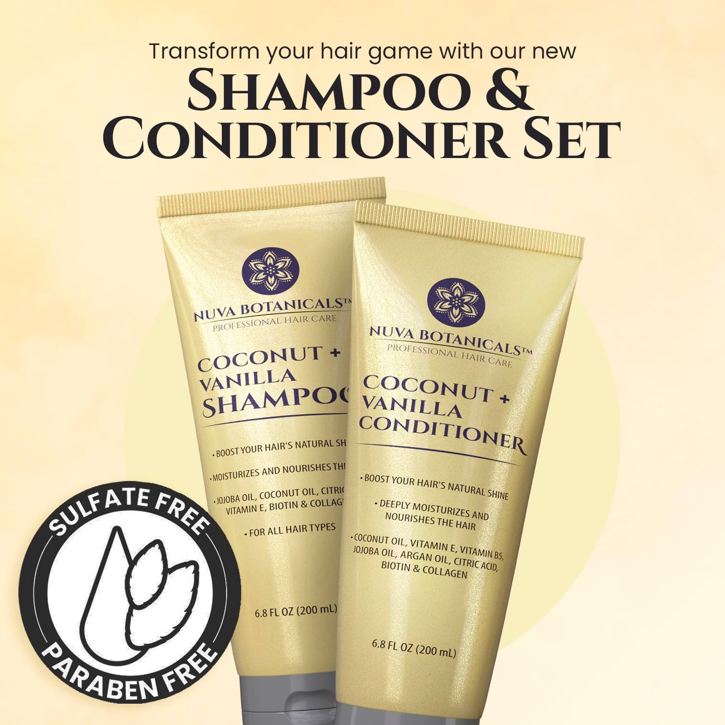 Nuva Botanicals Coconut Shampoo and Conditioner, Vanilla Shampoo and Conditioner with Biotin and Collagen- Moisturizing Shampoo and Conditioner Set