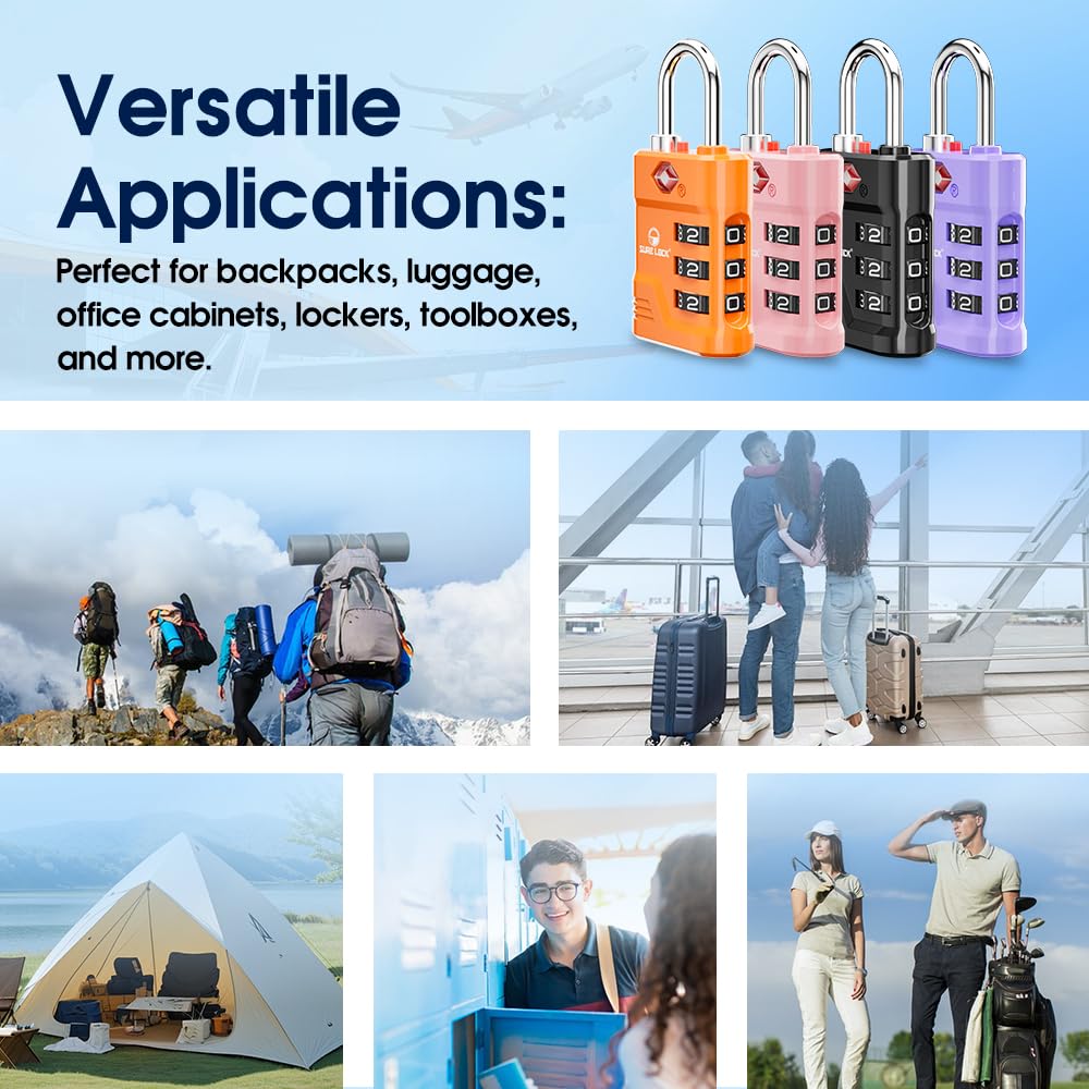 SURE LOCK TSA Approved Luggage Locks 2 Pack – High Security TSA008 with Open Alert, Easy-Read Dials, Zinc Alloy Padlocks for Suitcases & Gym (Black)