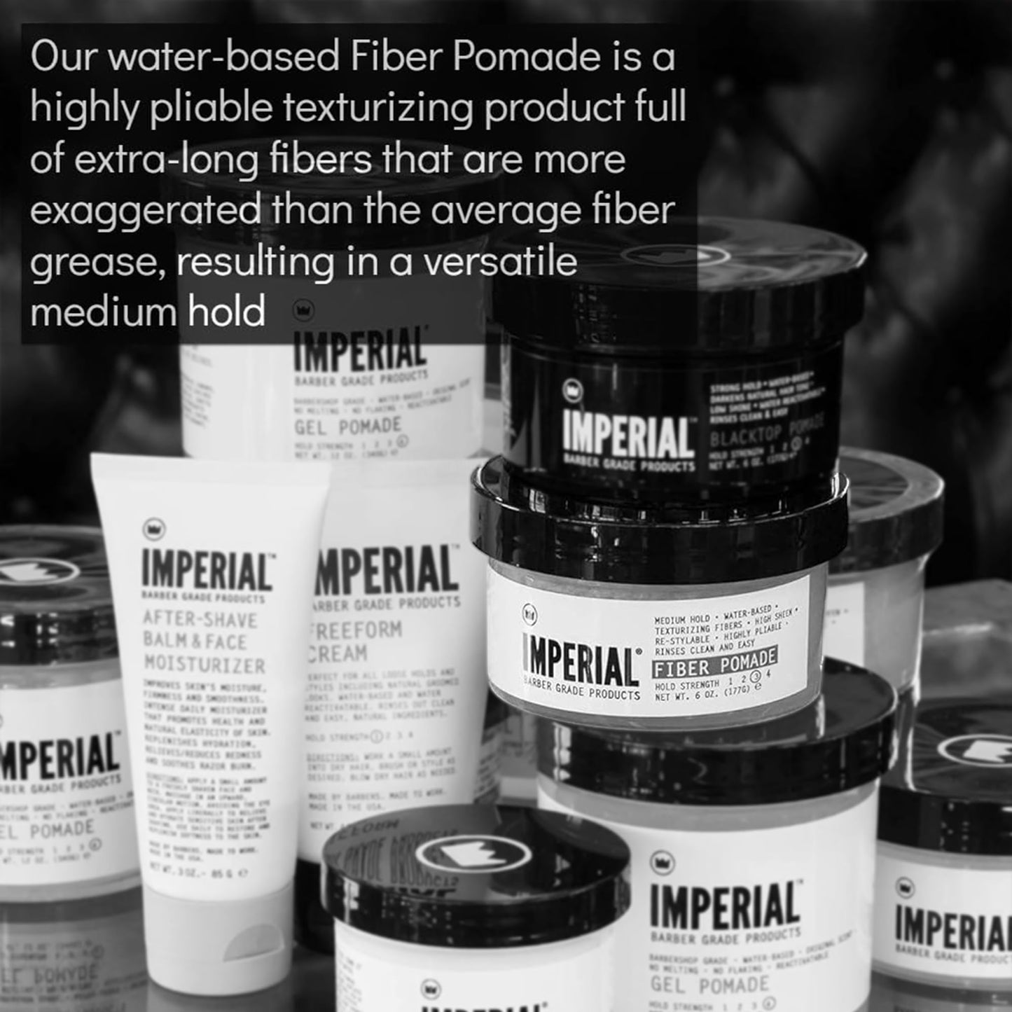 Imperial Barber Grade Products | Fiber Pomade, 6 oz | Medium Hold | High Shine | Water-Based | Easy to Wash Out | Texturizing Fibers | Highly Pliable