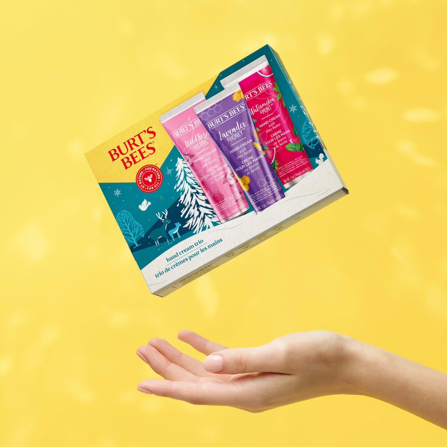 Burt's Bees Christmas Gifts, 3 Body Skincare Stocking Stuffers, Shea Butter Hand Cream Trio Set - Lavender Honey, Watermelon Mint & Wild Rose Berry