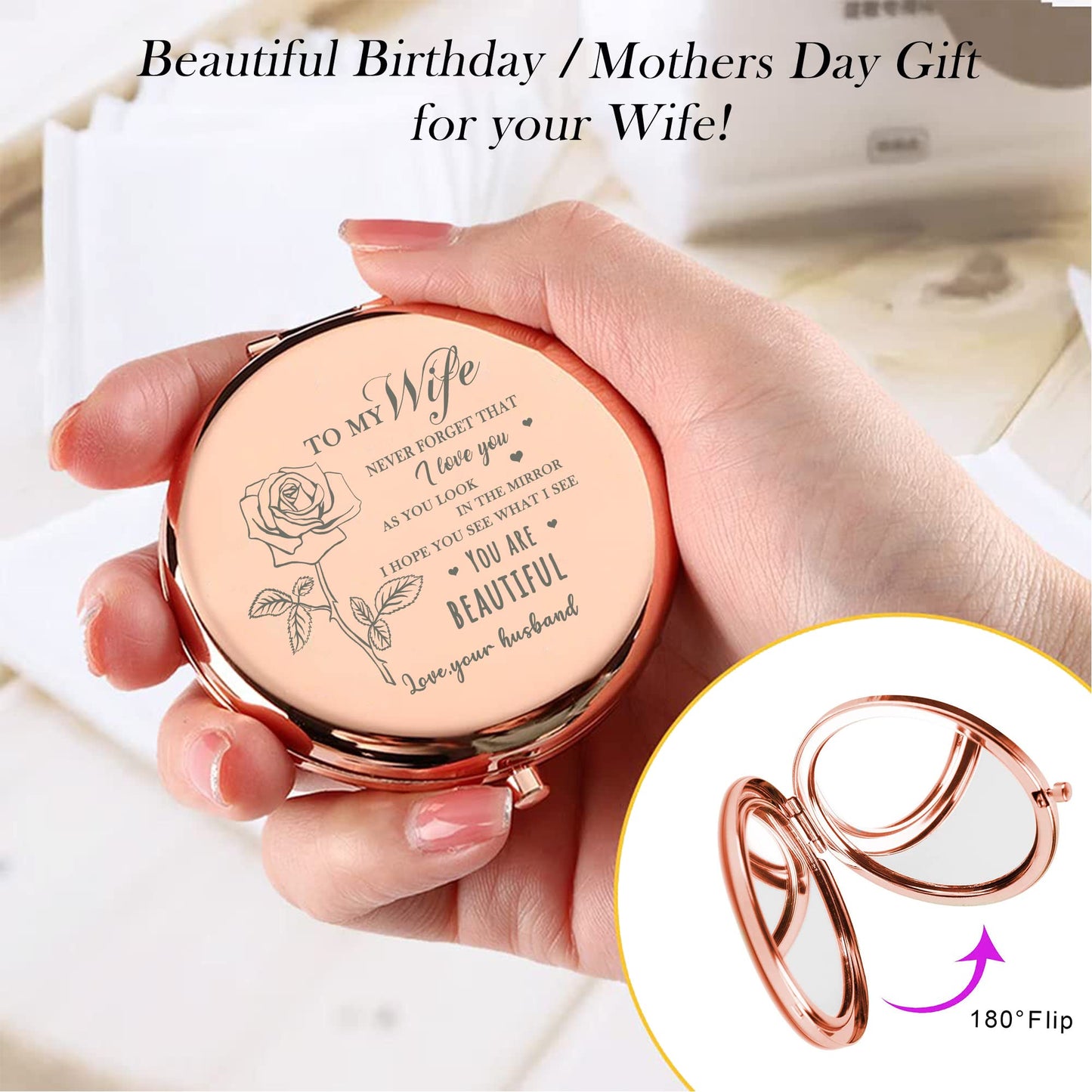 GAOLZIUY Gifts for Wife - Beautiful Wife Gift Rose Gold Compact Mirror, Birthday Gifts for Women, Wedding Anniversary, Valentines Day, Mothers Day