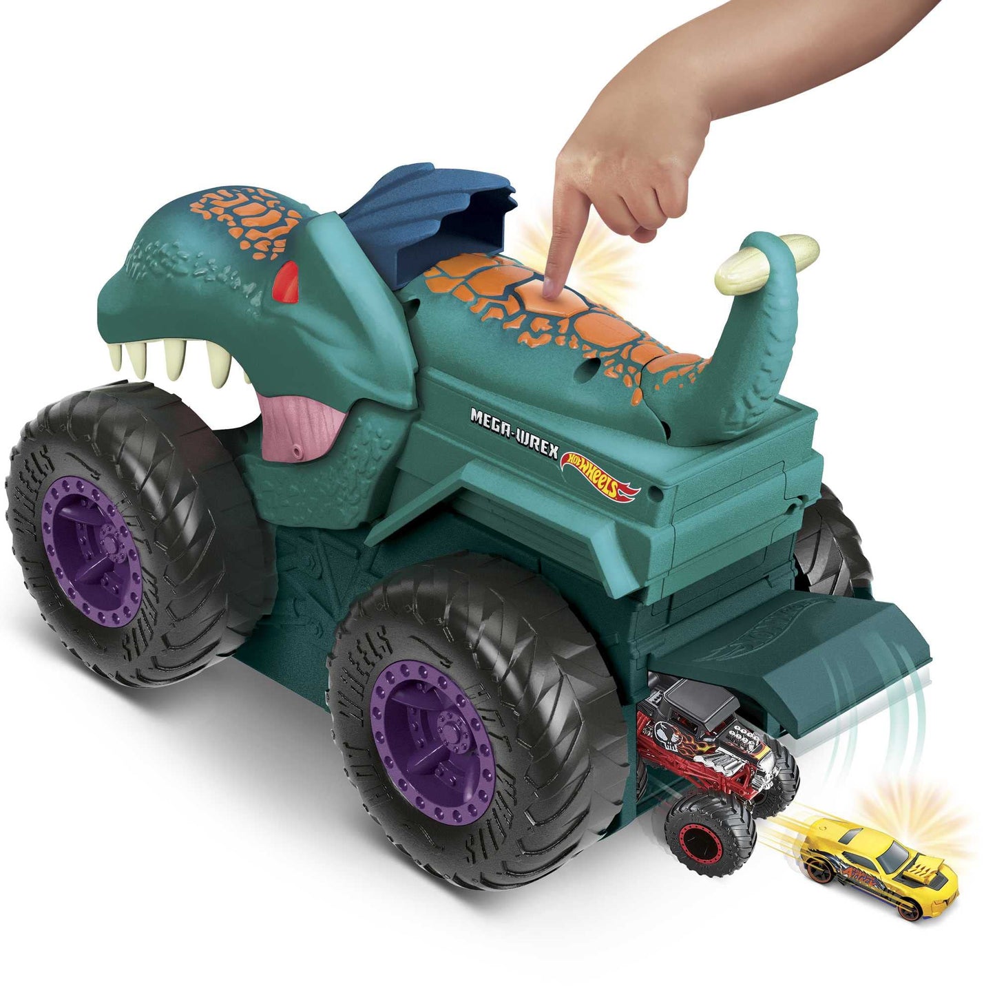 Hot Wheels Monster Trucks Car Chompin' Mega-Wrex, Large Toy Monster Truck & Toy Car, Eats & Poops 1:64 Scale Vehicles, Lights & Sounds