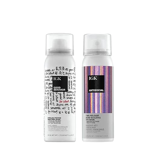 IGK Hair Treatment Travel Size Set | Antisocial Dry Hair Mask + Good Behavior Spirulina Spray | Overnight Bond-Building + Keratin Like Smoothing