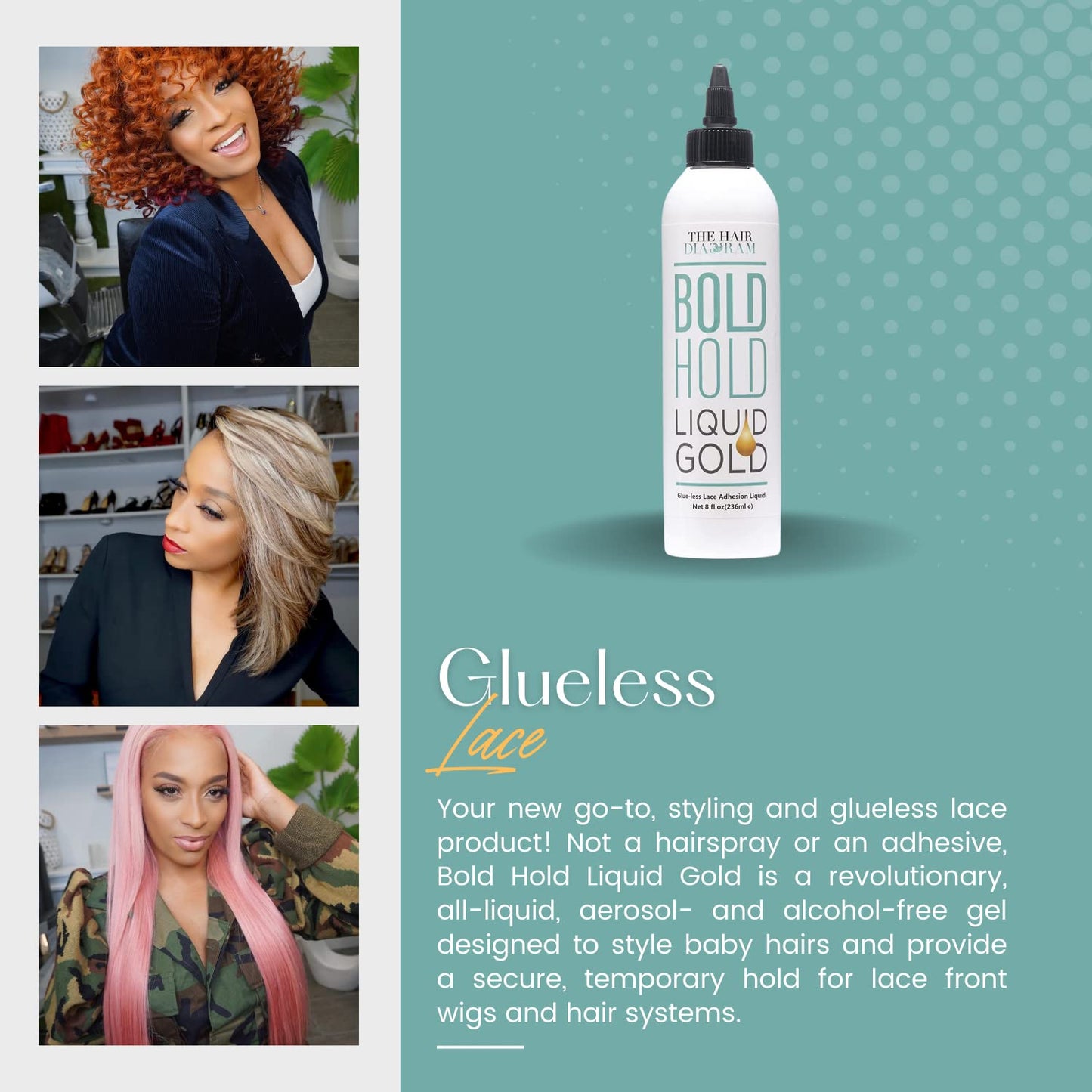 The Hair Diagram - Bold Hold Liquid Gold Reloaded - Glueless Lace Gel - Temporary Hold for Wigs and Hair Systems - Styling Agent for Baby Hairs - Non