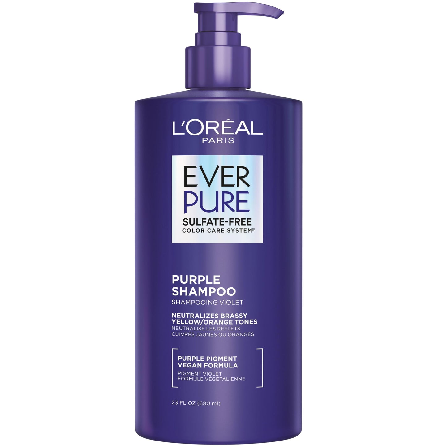 L’Oreal Paris Sulfate Free Brass Toning Purple Shampoo for Blonde, Bleached, Silver, or Brown Highlighted Hair, EverPure, 23 Fl Oz