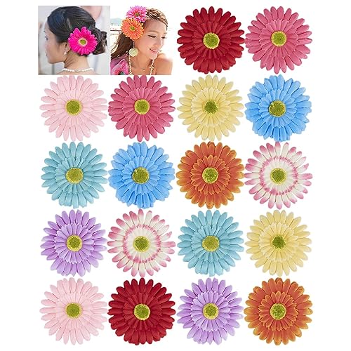 Lawie 18 Pack Fake Artificial Silk Gerbera Daisy Flower Sunflower Daisies Hair Clips Barrettes Clamp Clasps Bow With Alligator Brooch Pin Tropical