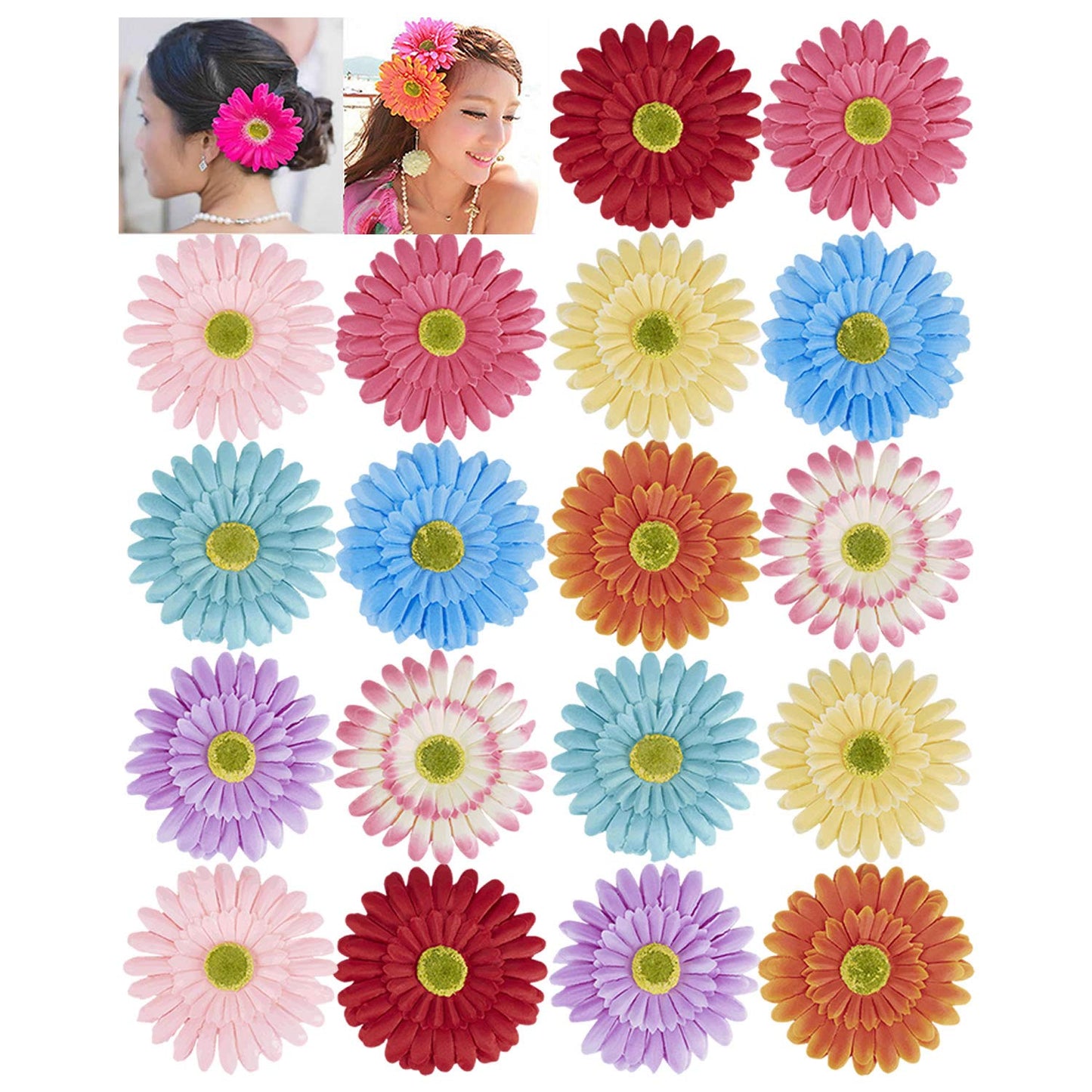 Lawie 18 Pack Fake Artificial Silk Gerbera Daisy Flower Sunflower Daisies Hair Clips Barrettes Clamp Clasps Bow With Alligator Brooch Pin Tropical