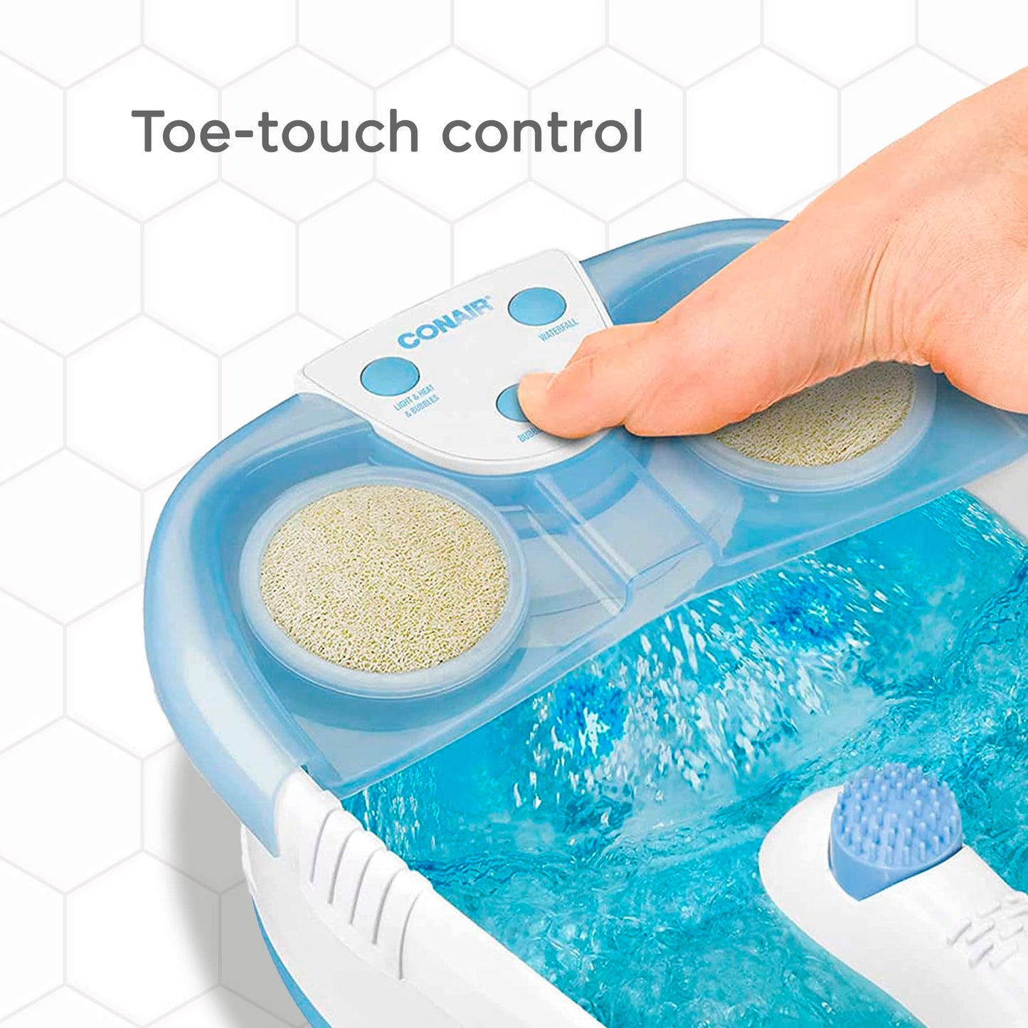 Conair Waterfall Pedicure Foot Spa Bath with Blue LED Lights, Massaging Bubbles and Massage Rollers, Blue/White