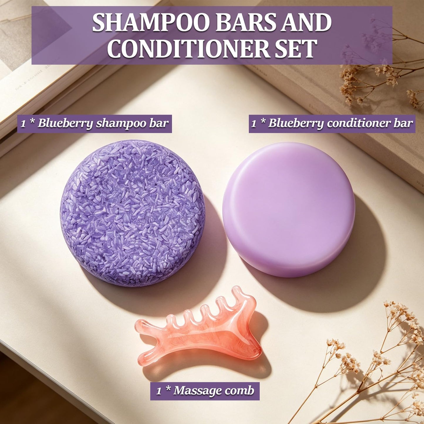 Blueberry Solid Shampoo and Conditioner Bar Set with Pink Massage Comb, Natural Blueberry Shampoo & Conditioner Bundle Bars, Nourishing and Repairing