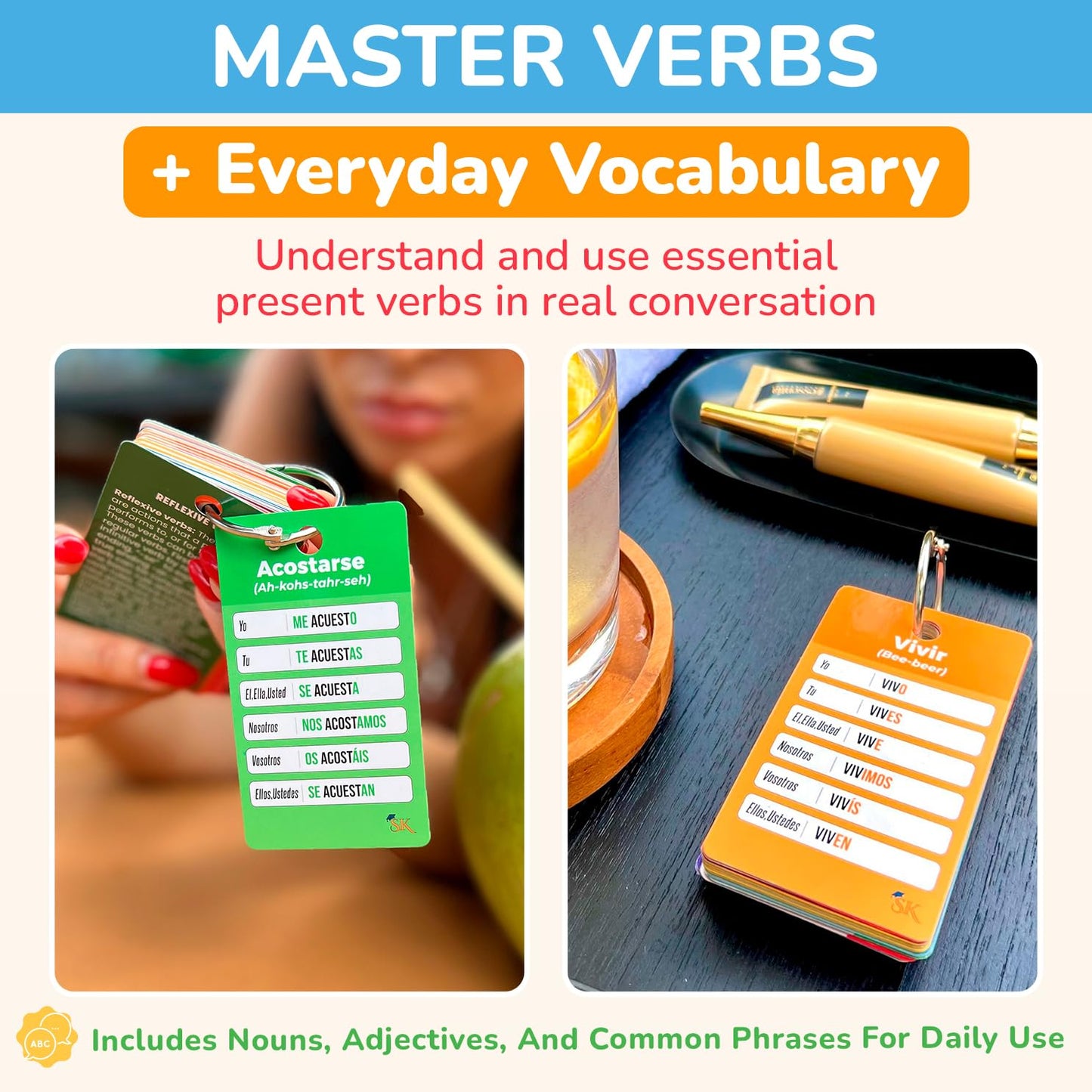500+ Spanish Vocabulary Flash Cards – Verb Conjugation, Nouns, Adjectives & Phrases for Adults & Teens Ages 15+, Beginner Spanish Learning