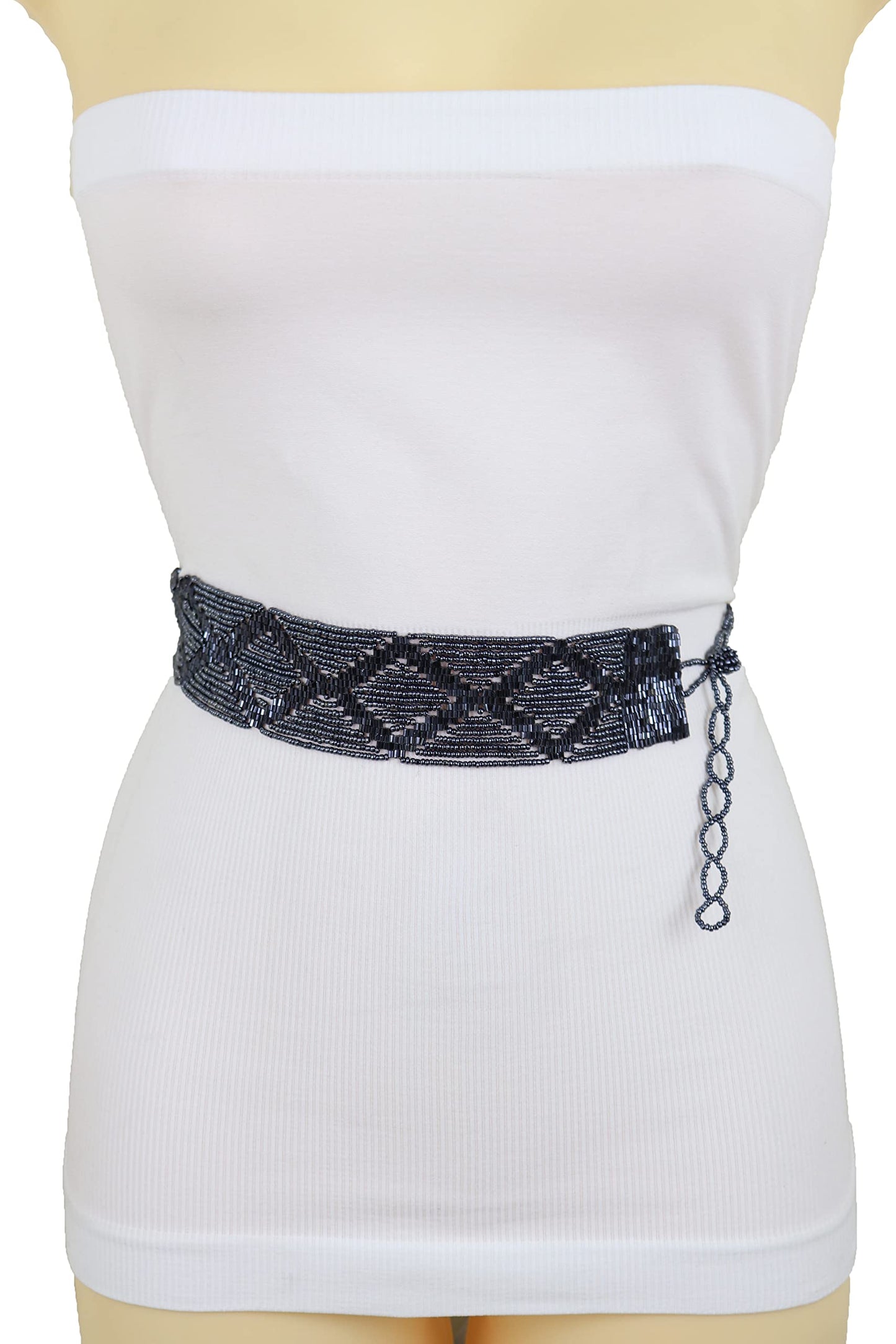 Women Fashion Wrap Tie Beaded Waistband Belt Waist Hip Charcoal Navy Blue Beads Size M L