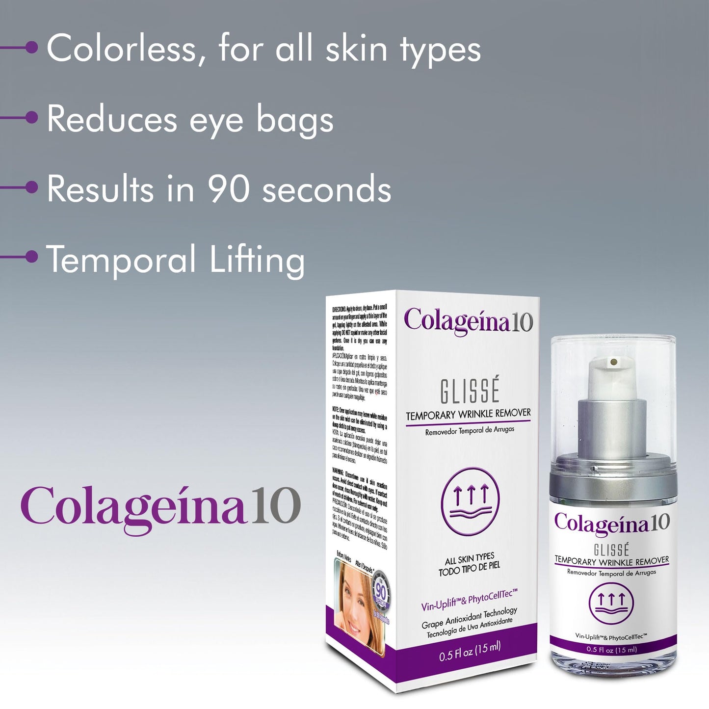 Colageina 10 Glissé Temporary Wrinkle Remover - Powered by Vin-Uplift & PhytoCellTec - Reduce Fine Lines and Wrinkles in 90 seconds for up to 8 Hours