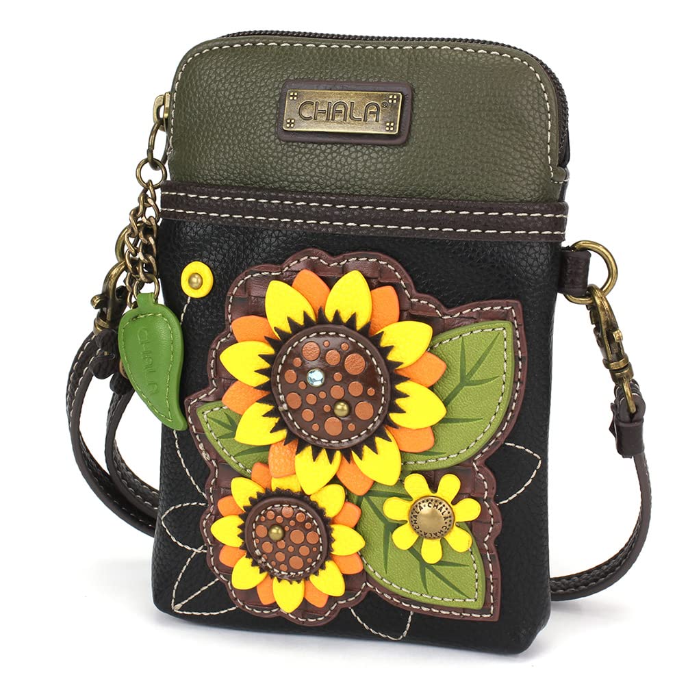 CHALA Plant Life Collection Cell Phone Crossbody Purse-Women PU Leather/Canvas Multicolor Handbag with Adjustable Strap - Sunflower Group - black