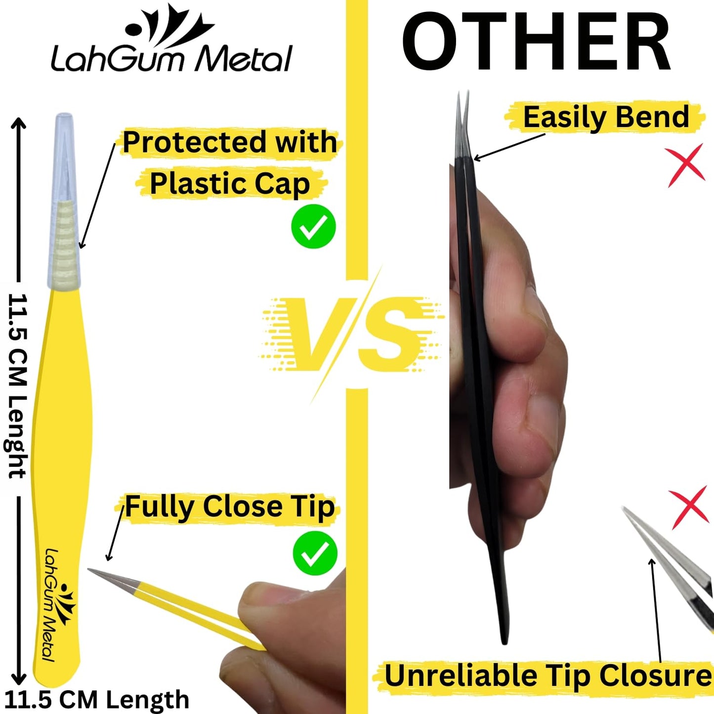 LahGum Metal Ultra Fine Sharp Pointed Tweezers Precision, Needle Nose Pointy Tweezers for Ingrown Hair Removal Kit, Yellow, 1-Piece Beauty and Personal Care LahGum Metal
